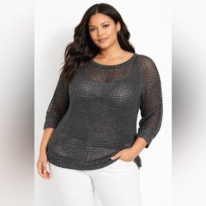 Lane Bryant Metallic Open Knit Crochet Sweater Charcoal Long Sleeve